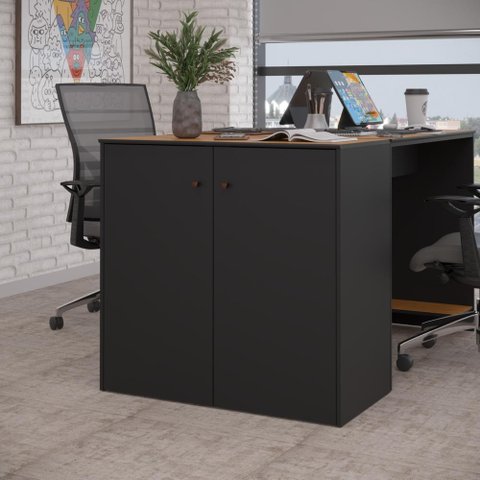 Buffet Aparador Smart Office 2 Portas e Tampo Mdf Usinado 76cm  - Preto e Cedro