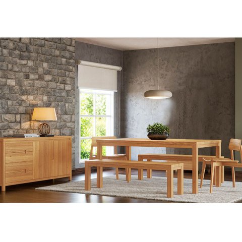 Conjunto Sala Jantar Nature: Balcão Buffet, Mesa, Banco e Cadeiras Madeira Pinus Rústico Claro