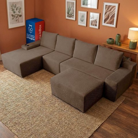 Sofá Evo 3,40m Molas Ensacadas com Apoio Chaise Lounge Esquerda Velourê Marrom Cama Inbox