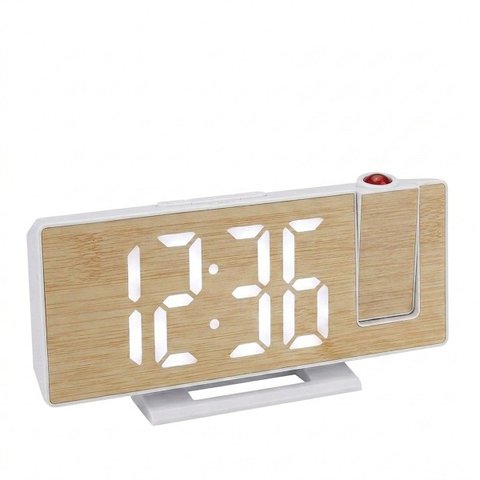 Relógio Digital Projetor Mesa Despertador LED Madeira USB