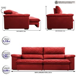 Sofá Retrátil e Reclinável 2,55m Molas Ensacadas Cama inBox Big Home com Bordado Velusoft - 2