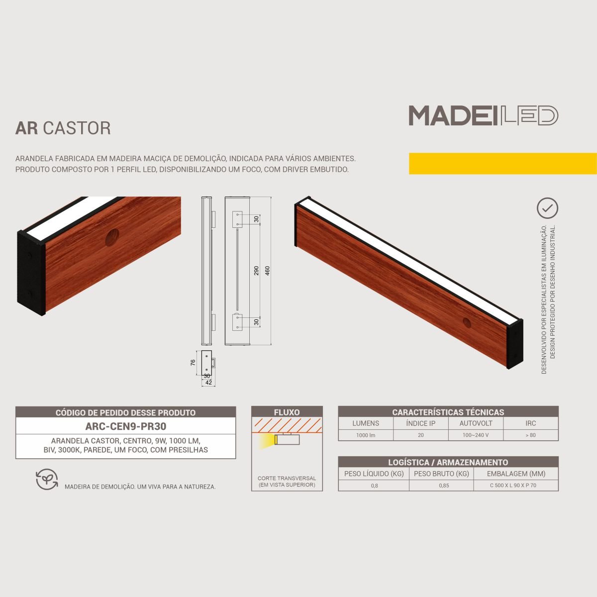 Arandela Castor Led 9w Madeira de Demolição Bivolt - 7