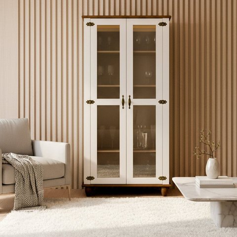 Cristaleira 2 Portas Tampo Base e Pés em Madeira Maciça Joy Branco/Off White