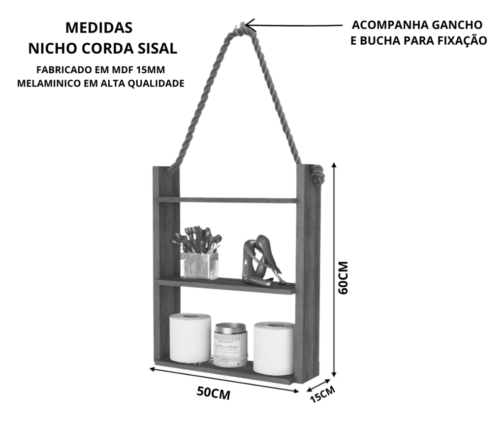 Prateleira Suspensa em Corda Sisal na Cor Branca - 3