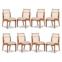 Ver imagem 1 de Kit 8 Cadeiras de Madeira Estofada para Mesa de Jantar Linho Bege com Encosto Rattan M58 RMI