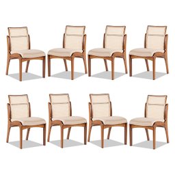 Kit 8 Cadeiras de Madeira Estofada para Mesa de Jantar Linho Bege com Encosto Rattan M58 RMI - 1
