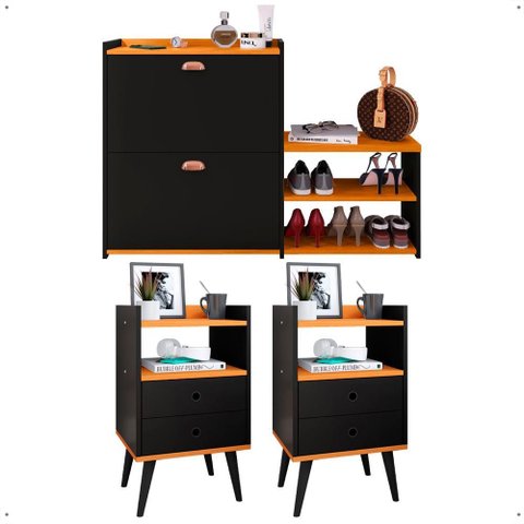 Kit Quarto 2 Mesas Cabeceira Nicho Gavetas Retrô Sapateira Vertical Banco 21 Pares Calçados - Rpm