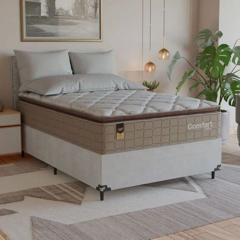 Cama Box Casal + Colchão Comfort Class Pillow Top 138x188 Bege/suede Branco