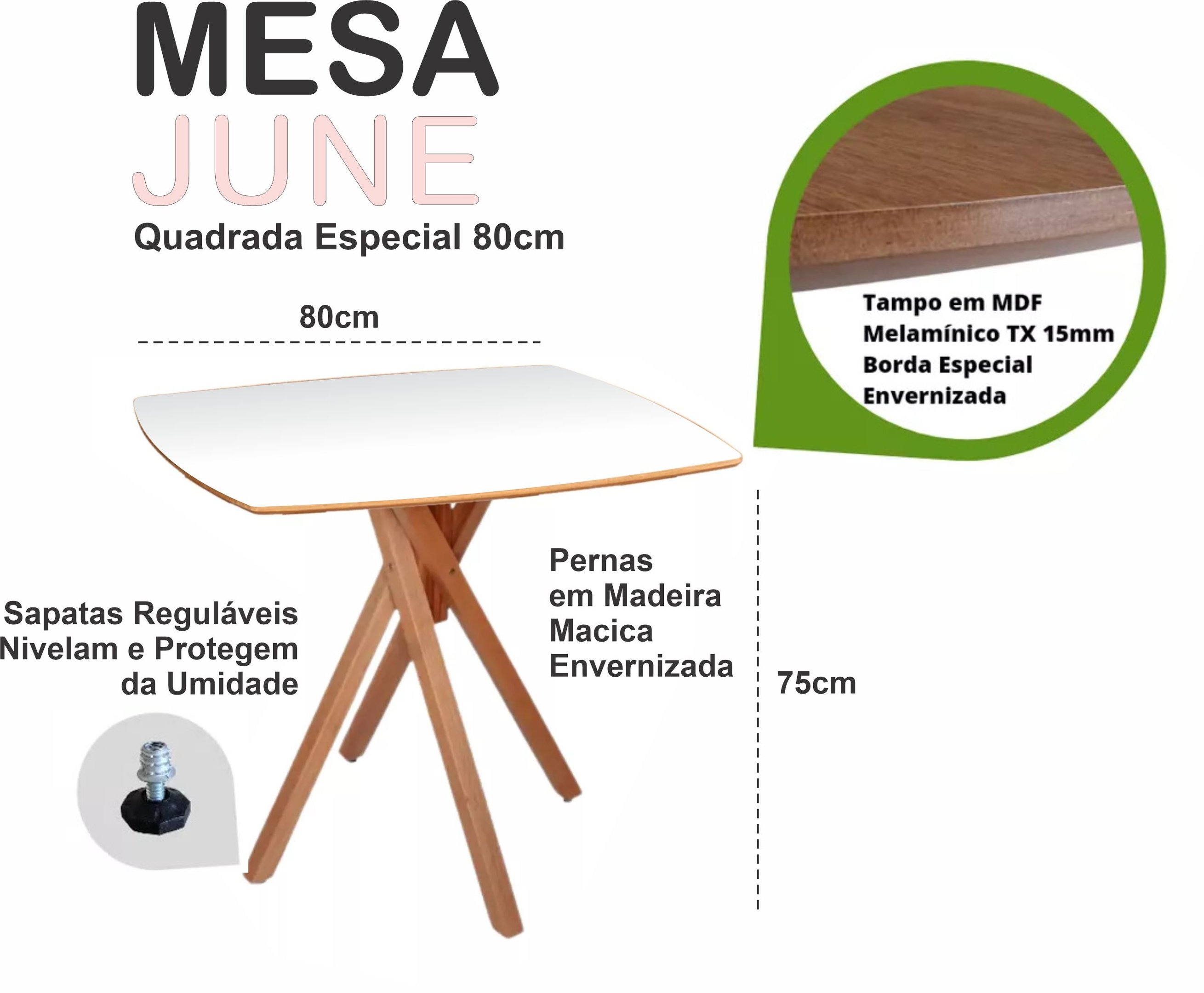 Mesa Quadrada Especial em Madeira de 80cm June na Cor Branca - 2