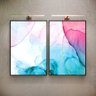 Kit 2 Telas Canvas Com Moldura Textura Abstrata Em Mármore Rosa E Azul - 1