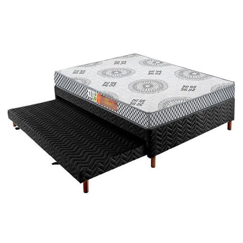 Cama Box c/Auxiliar Casal: Colchão Espuma Polar D20 Pérola Gray + Base CRC Suede Black(138x188)