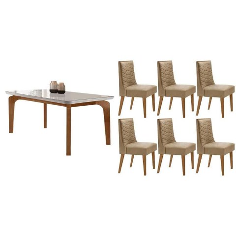 Sala Jantar Mesa Londrina Tampo C/ Vidro Curvo 180cm+6 Cadeiras Dafne Madeira Naturale/off White -