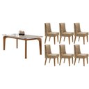 Ver imagem 1 de Sala Jantar Mesa Londrina Tampo C/ Vidro Curvo 180cm+6 Cadeiras Dafne Madeira Naturale/off White -