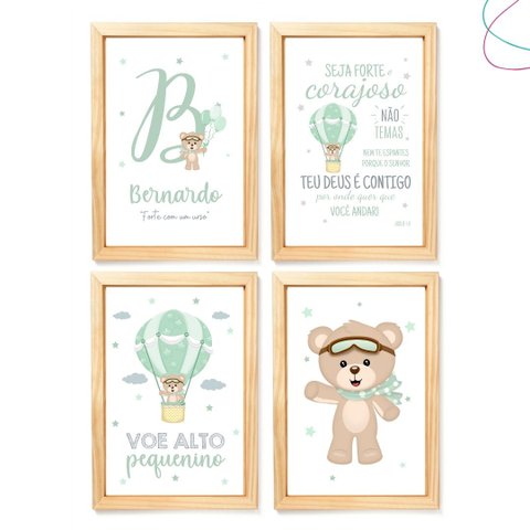 Kit com 4 Quadros Decorativos Infantil Ursinho Baloeiro:pinus