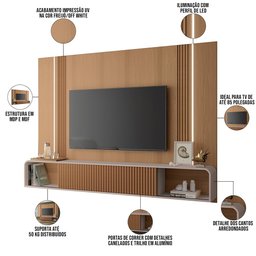 Painel para Tv 85 Pol com Bancada Suspensa e Led 219cm Zurick B01 Freijó Off White - Lyam Decor - 6