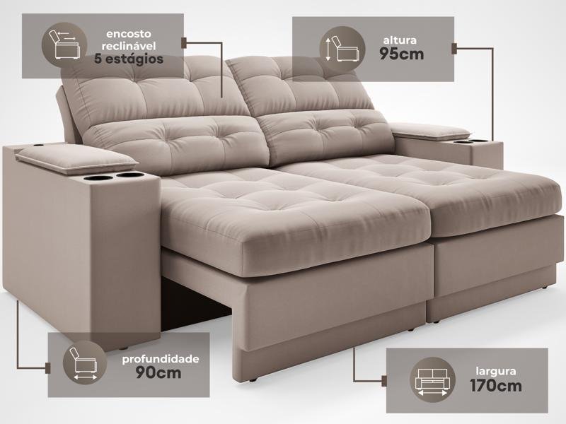 Sofá com Porta Copos e Carregador USB Eureka 1,70m Assento Retrátil e Reclinável Velosuede - 3