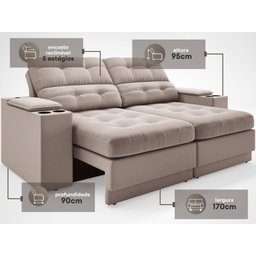 Sofá com Porta Copos e Carregador USB Eureka 1,70m Assento Retrátil e Reclinável Velosuede - 3