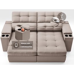 Sofá com Porta Copos e Carregador USB Eureka 1,70m Assento Retrátil e Reclinável Velosuede - 5