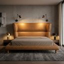 Ver imagem 7 de Conjunto Cama Japonesa Casal Cabeceira Alta Estofada Curva Courino Premiun Luxo Desing Unico Alto Pa