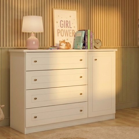 Cômoda Infantil 4 Gavetas 1 Porta Savana Branco Yescasa