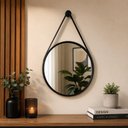 Ver imagem 2 de Espelho Adnet Redondo 25cm Preto Decorativo Moldura Madeira Alca Couro Parede Banheiro Sala Moderno