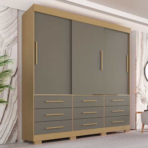 Guarda-Roupa Casal 3 Portas 9 Gavetas com Pés Luana Cinza Jequitibá/Granizo
