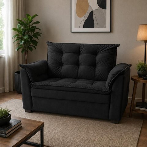 Sofá Alice 2 Lugares 140cm Preto Suede Pequeno Confortável