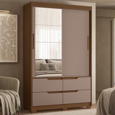 Guarda Roupa Casal 136cm com Espelho Solare Nogueira/Cappuccino a02 - Mpozenato