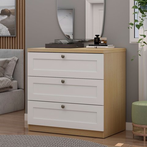 Cômoda 79 Cm X 77 Cm para Quarto com 3 Gavetas 100% Mdf Cor:savana com Branco Fosco