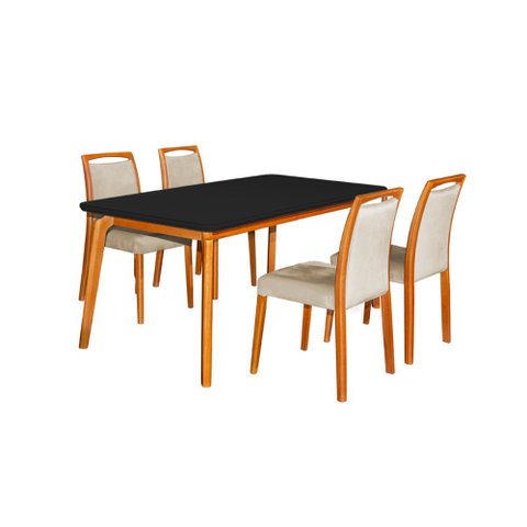Mesa Jantar Luxo Jade 160x90cm Preto com 4 Cadeiras Estofadas Linho Bege Base Madeira Maciça Mel