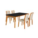 Ver imagem 1 de Mesa Jantar Luxo Jade 160x90cm Preto com 4 Cadeiras Estofadas Linho Bege Base Madeira Maciça Mel