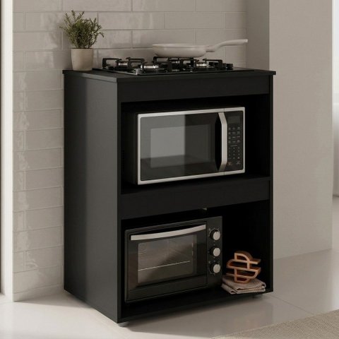 Balcão Cooktop Ariana Cozinha Compacta com Nichos para Micro-Ondas Preto - Desk Design