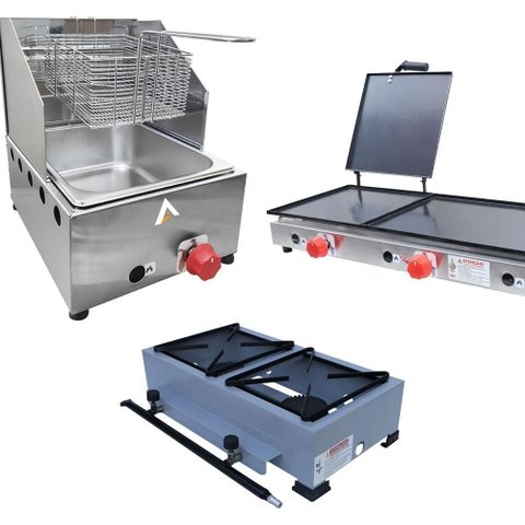 Kit Lanchonete Fogão Portátil 2 Bocas + Chapa 90cm com Prensa e Fritadeira Profissional 1 Cuba