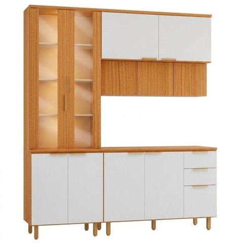 Cozinha Armário 4 Peças 190 cm Cristaleira Balcão com Tampo MDF Bari Freijo Off Acetinado Poliman