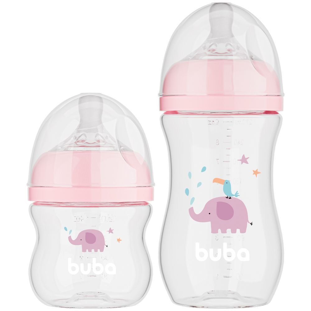 Kit 2 Mamadeiras Buba Easy Flow 270 e 120 Ml Elefante Rosa | MadeiraMadeira