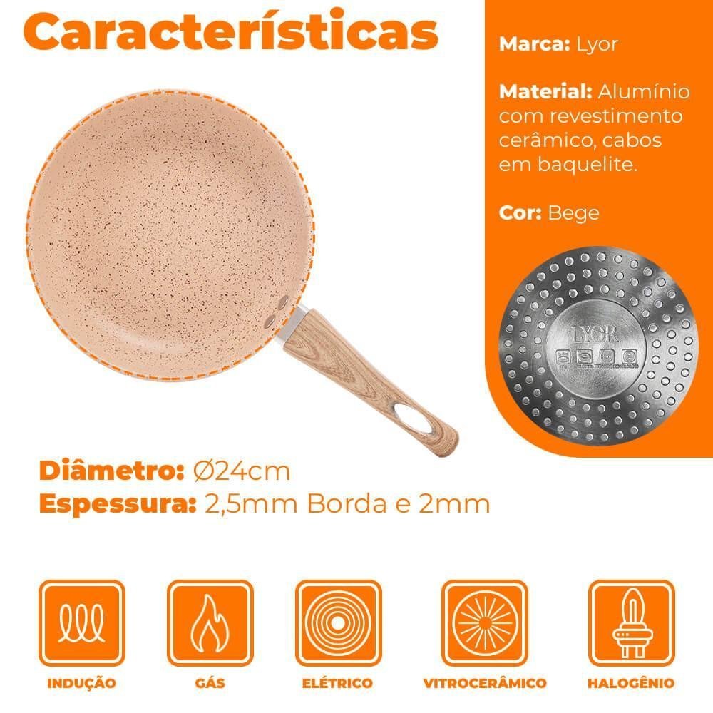 Frigideiras de Indução Revestimento Antiaderente Cerâmica 2 Peças 24cm Bege - Lyor 5216/2 - 6