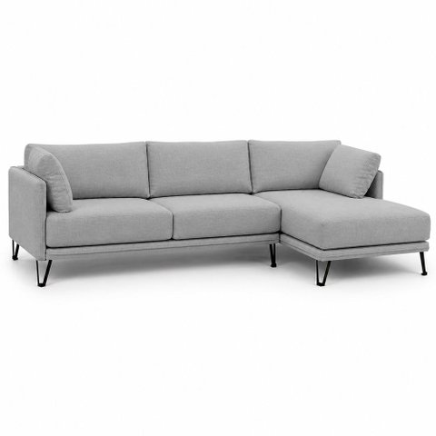 Sofá Sala de Estar Atena Chaise Direito Pés de Ferro 284cm 5 Lugares Linho Cinza M1 - Monari Design