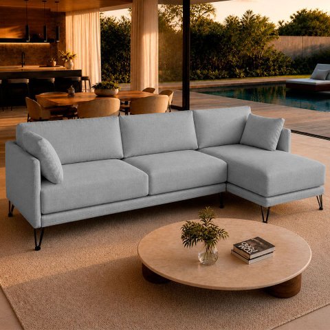 Sofá Sala de Estar Atena Chaise Direito Pés de Ferro 284cm 5 Lugares Linho Cinza M1 - Monari Design
