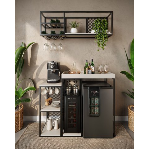 Aparador Adega Cervejeira Frigobar Industrial com Cantinho Café Alba Metal e MDF Off White