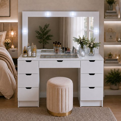 Penteadeira Camarim Liz com Espelho LED 7 Gavetas e Vidro Branco