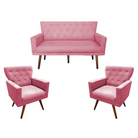 Kit Namoradeira + 2 Poltronas Decorativa Aurora Suede Rosa Pés Madeira Mz Decor