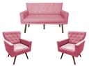 Ver imagem 1 de Kit Namoradeira + 2 Poltronas Decorativa Aurora Suede Rosa Pés Madeira Mz Decor
