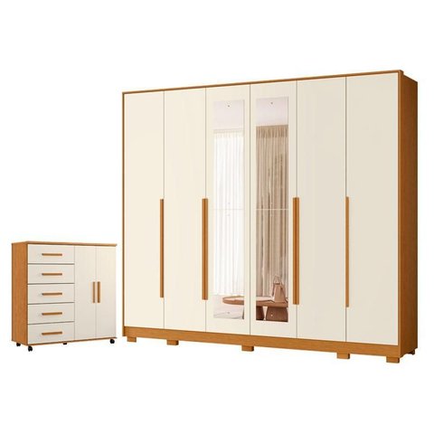 Guarda Roupa Casal Mercure com Espelho 6 Portas e Cômoda Toronto com Rodízios 05 Gavetas e 02