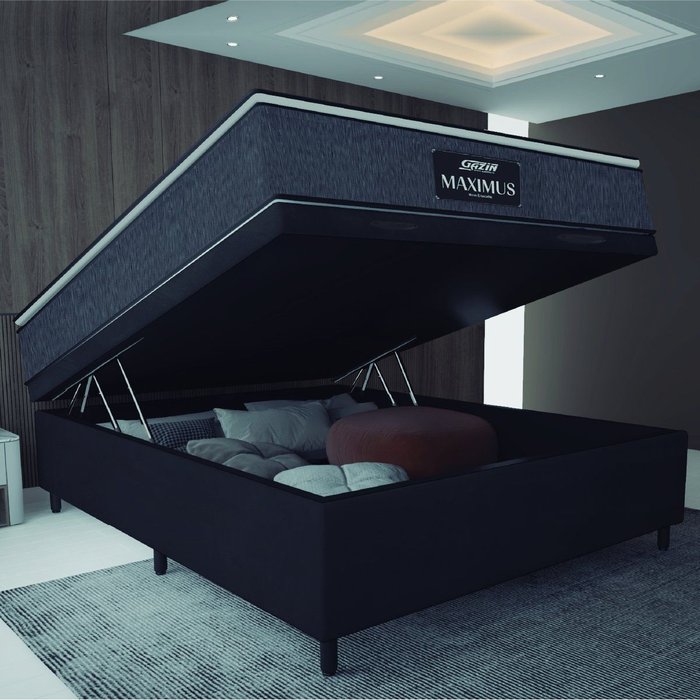 Cama Box Baú Casal Colchão Molas Ensacadas Pillow Top Maximus 138x188x69cm Cinza / Preto Gazin - - 2