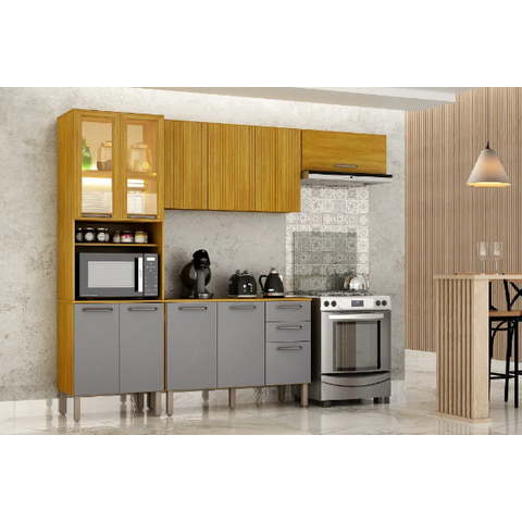 Cozinha Malta Paneleiro com Cristaleira 11 Portas - CHF Móveis:Cinamomo/Cinza