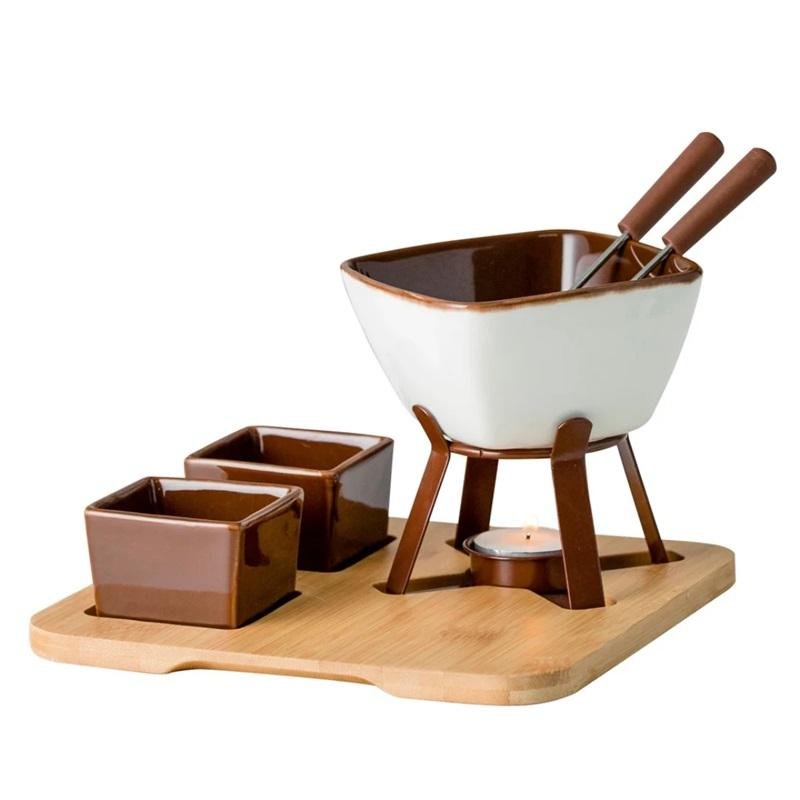 Aparelho Fondue Com Base Em Bambu 8 Peças Cor Branca - 27973