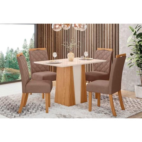 Conjunto: Mesa Sala Jantar Orus Tampo Madeirado C/ Vidro 120x80cm e 4 Cadeiras Bella Nature/suede