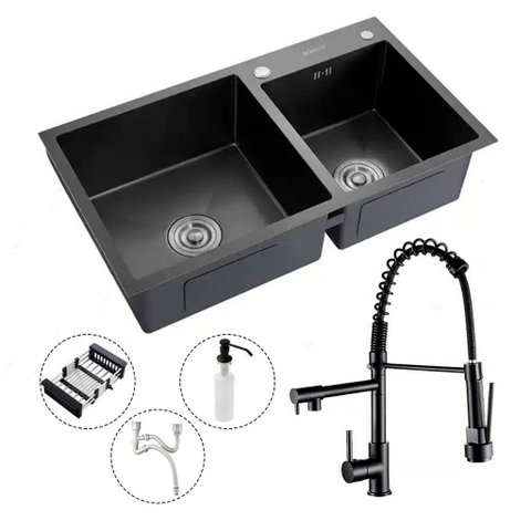 Kit Cuba Dupla Pia com Acessórios Cozinha Gourmet Preta e Torneira Monocomando 2 Saídas Brinovar