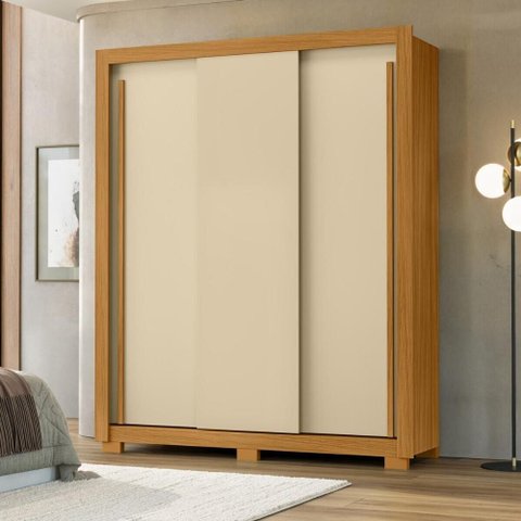 Guarda-Roupa Casal com 3 Portas de Correr e 2 Gavetas 156cm Multimóveis CR35676 Madeirado/Off White