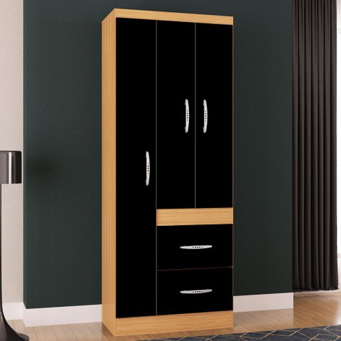 Guarda-Roupa Solteiro Milão 3 Portas 2 Gavetas Damasco/Preto - Poquema